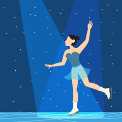 Figure skating. Illustrated winter sports. A woman performs on a blue background in the rays of light Elements of figure skating.