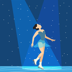 Figure skating. Illustrated winter sports. Woman on a blue background in rays of light. Elements of figure skating.