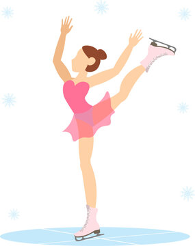 igure skating. Illustrated winter sports. Woman in a pink dress skating. Elements of figure skating.