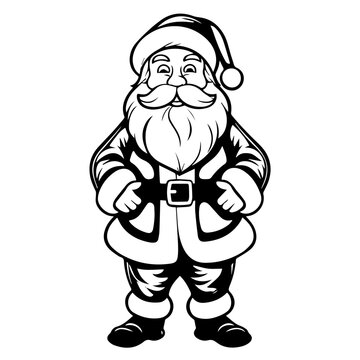Black and white vector silhouette of Santa Claus, perfect for festive holiday graphics and Christmas decorations.
