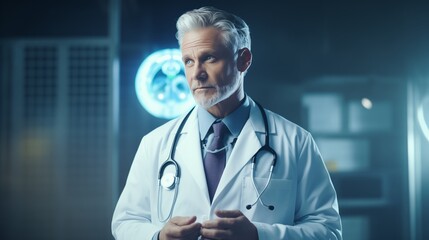 Confident Middle-Aged Male Doctor, Clinical Research Lab Background, Health Editorial