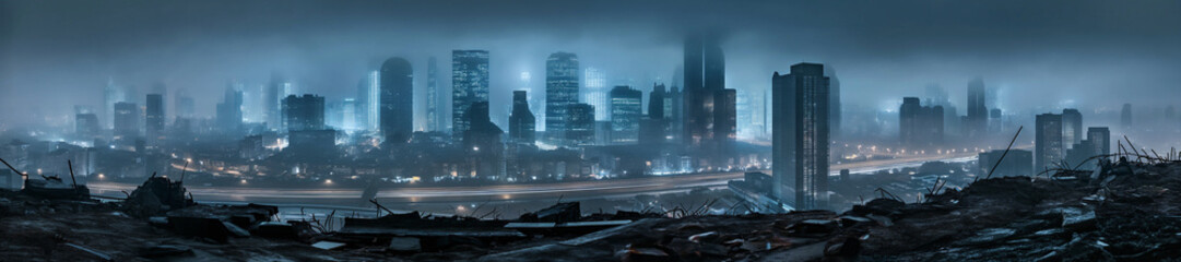 misty foggy blue stormy night sky over a vast panoramic view of a city skyline - stormy weather -...