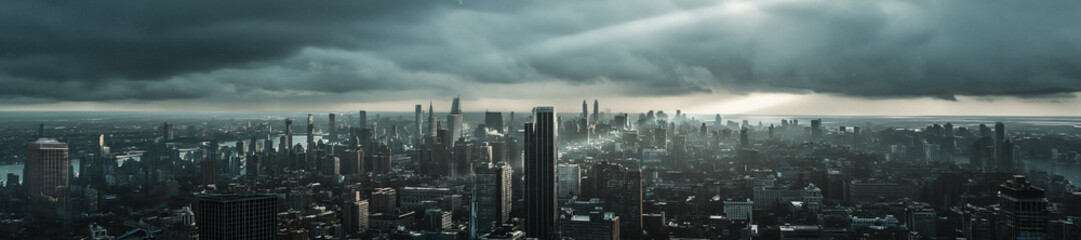 cloudy stormy weather over a vast panoramic view of a city skyline - stormy weather - emblematic cityscape - cloudy  stormy weather - tall skyscrapers - apocalyptic mood - obrazy, fototapety, plakaty