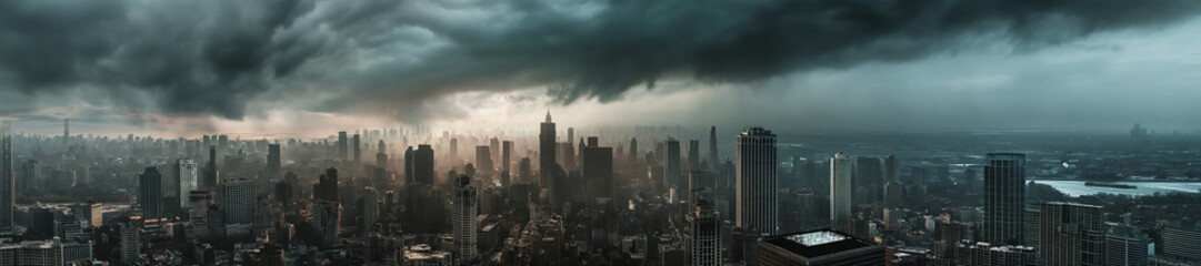 formation of a storm over a vast panoramic view of a city skyline - stormy weather - emblematic cityscape - cloudy  stormy weather - tall skyscrapers - apocalyptic mood