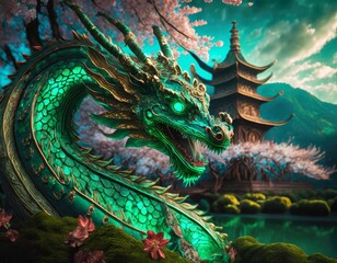Happy lunar new year 2024 card with green Chinese wood dragon. Traditional pagoda temple and blossoming cherry trees in background. 