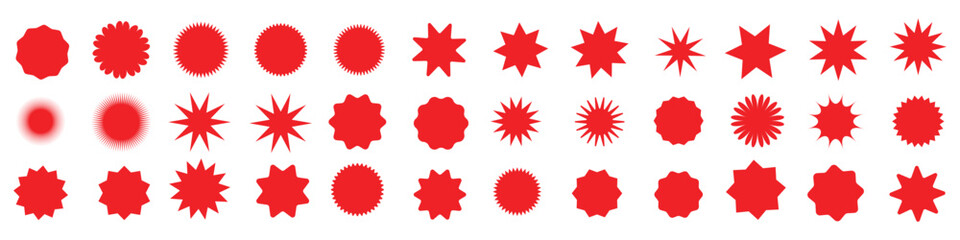 Set of red starburst. Price sticker, sale sticker, price tag, starburst, quality mark, retro stars, sale or discount sticker, sunburst badges, sun ray frames, promotional badge set, shopping labels 12