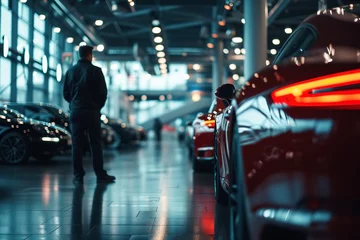 Deurstickers Car dealership, unrecognizable man buyer choosing a car, selective focus © Sergio