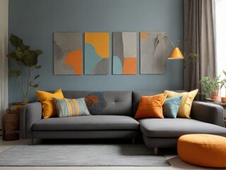 Abstract shapes and stylish design: gray wall with geometric paintings
