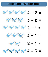 Subtraction game with whales. Educational math game for preschoolers kindergarten. Matching game.