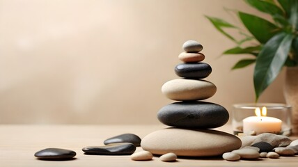 Stack of zen stones and burning candle on wooden table, space for text