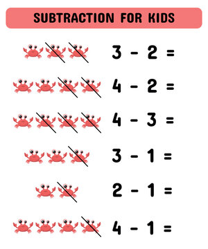Subtraction game with crabs. Educational math game for preschoolers kindergarten. Matching game.