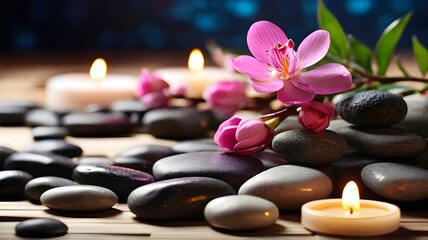 Spa stones with flowers and candles on wooden table, closeup