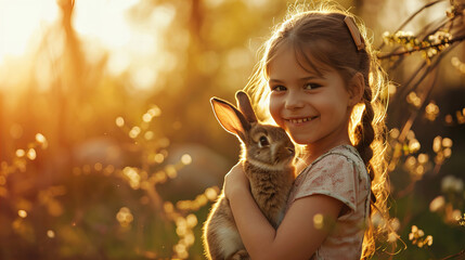 girl holding and cuddling a bunny - Powered by Adobe