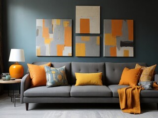 Combination of colors and shapes: abstract geometric paintings on a gray wall