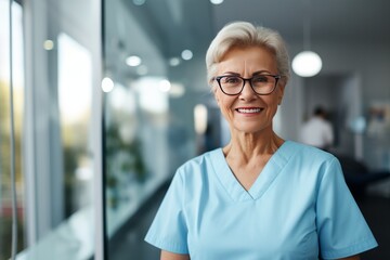 Fototapeta premium A practicing dentist smiles at the clinic. Adult female orthodontist surgeon stands in the office and is ready to receive hospital patients. Advertising of a dental clinic. Generative AI.