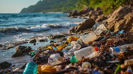 Obraz premium Ocean pollution. Plastic bottles and other trash on sea beach. Ecological concept. earth day