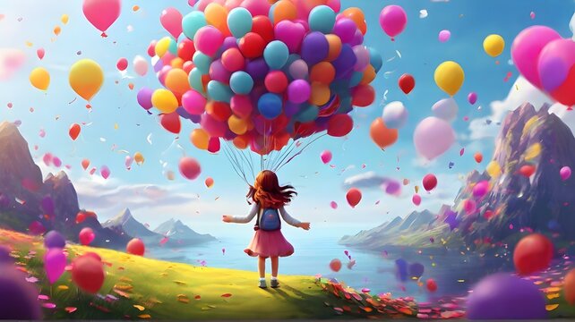 3d illustration of little girl with colorful balloons flying over the meadow