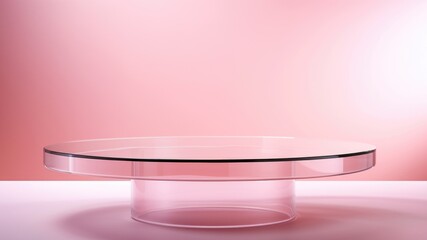 Contemporary glass display table with pastel pink wall in background, Premium showcase mockup template for Beauty, Cosmetic, Luxury products, with copy space for text