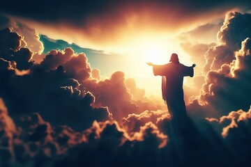 Jesus back in the sky with clouds sunset - obrazy, fototapety, plakaty