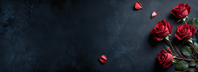 Red roses on dark background, romantic banner, valentine's day, love, women's day, elegant event, panoramic luxury header with copy space. Generative AI.