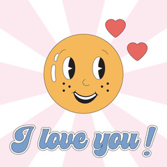 Valentines day card with retro emoji in love. I love you. Smiling yellow smile, emotion with heart. Vector hippie love illustration. Cartoon February 14.