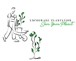 Hand drawn line art vector of people busy planting. Encourage plantation and save planet. climate change awareness