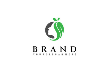 Natural beauty woman flat logo vector design template with leaf elements