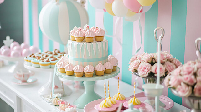 Birthday tablescape or candy bar with sweets, Birthday cake and cupcakes, beautiful party celebration