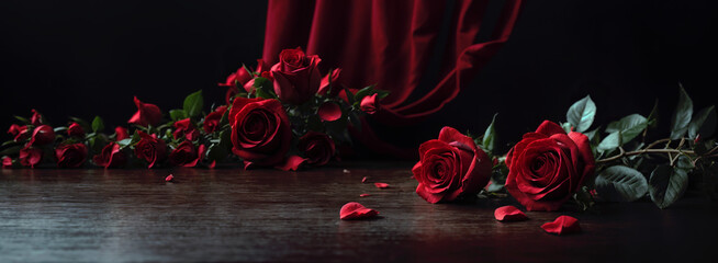 Red roses on black background and table, romantic banner, valentine's day, love, women's day, elegant event, panoramic luxury header with copy space. Generative AI.