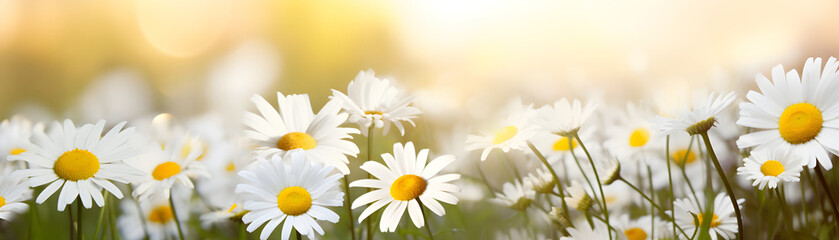 chamomile flowers over nature blurred background daylight
