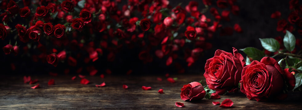 Red roses on black background and table, romantic banner, valentine's day, love, women's day, elegant event, panoramic luxury header with copy space. Generative AI.