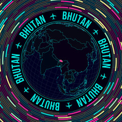 Bhutan on globe. Satelite view of the world centered to Bhutan. Bright neon style. Futuristic radial bricks background. Artistic vector illustration.