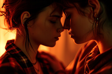 Couple in love, young lesbian, intimate romantic valentine face portrait
