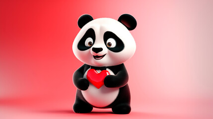 Cute panda with a red heart on a red background
