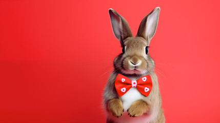 Cute easter bunny with red bowtie on a red background ad advertisment