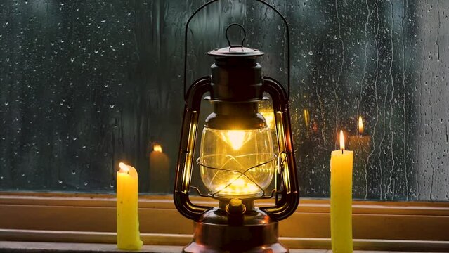 Relaxing and cozy video, with two wax candles burning and a lit lamp, rain on the window pane.