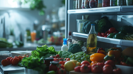 open modern refrigerator filled with a variety of healthy products: vegetables, fruits. Healthy way of life, nutrition concept
