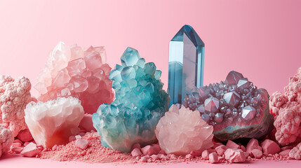 set of crystals and geodes, pastel colors, minimalist, peachy and lavender colors, flatlay isolated on pink bsckground