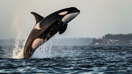 Foto op Aluminium dolphin jumping out of water, Illuminate the scene of an orca breaching the surface, forming a dramatic splash, with impeccable lighting accentuating the magnificence and power of this marine mammal © SANA