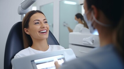 Oral specialist and lady inspect smile following teeth cleaning and consultation. Health dental...