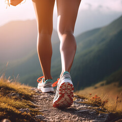 A woman treks the mountain path, her legs clothed in athletic footgear and a pack on her back, a close-up view.