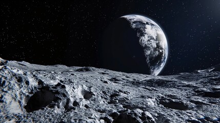 The lunar surface, dotted with craters, glides through the dark expanse of space while astronauts explore. The planet is illuminated by city lights at night. 