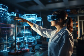 Scientist using VR technology to engage with virtual world in laboratory.