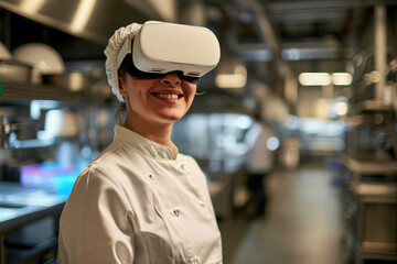 Smiling Female Employee Utilizing Virtual Reality Goggles In Food Science Field