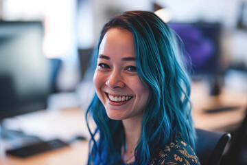 Vibrant Female Employee: It Security Analyst With Blue Hair