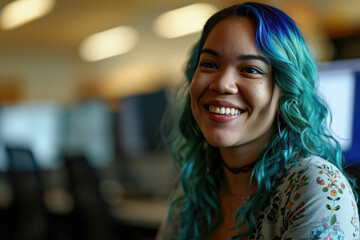 Smiling Female It Security Analyst With Blue Hair