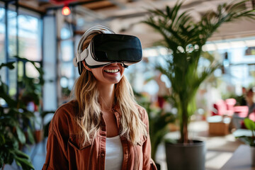 Smiling Woman Employee Occupational Therapist In Virtual Vr Goggles