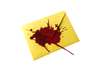 A yellow letter envelope covered with red blood, splattered all over the paper. Scary subject. Angled shot. Isolated on white.