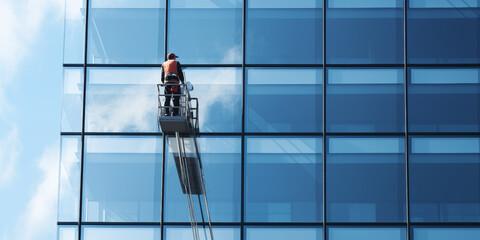 Worker washing windows in the office building skyscraper