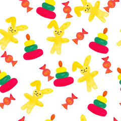 Beautiful seamless pattern seamless pattern children's toys bunny pyramid and candy design for fashion, fabric, textiles and all prints